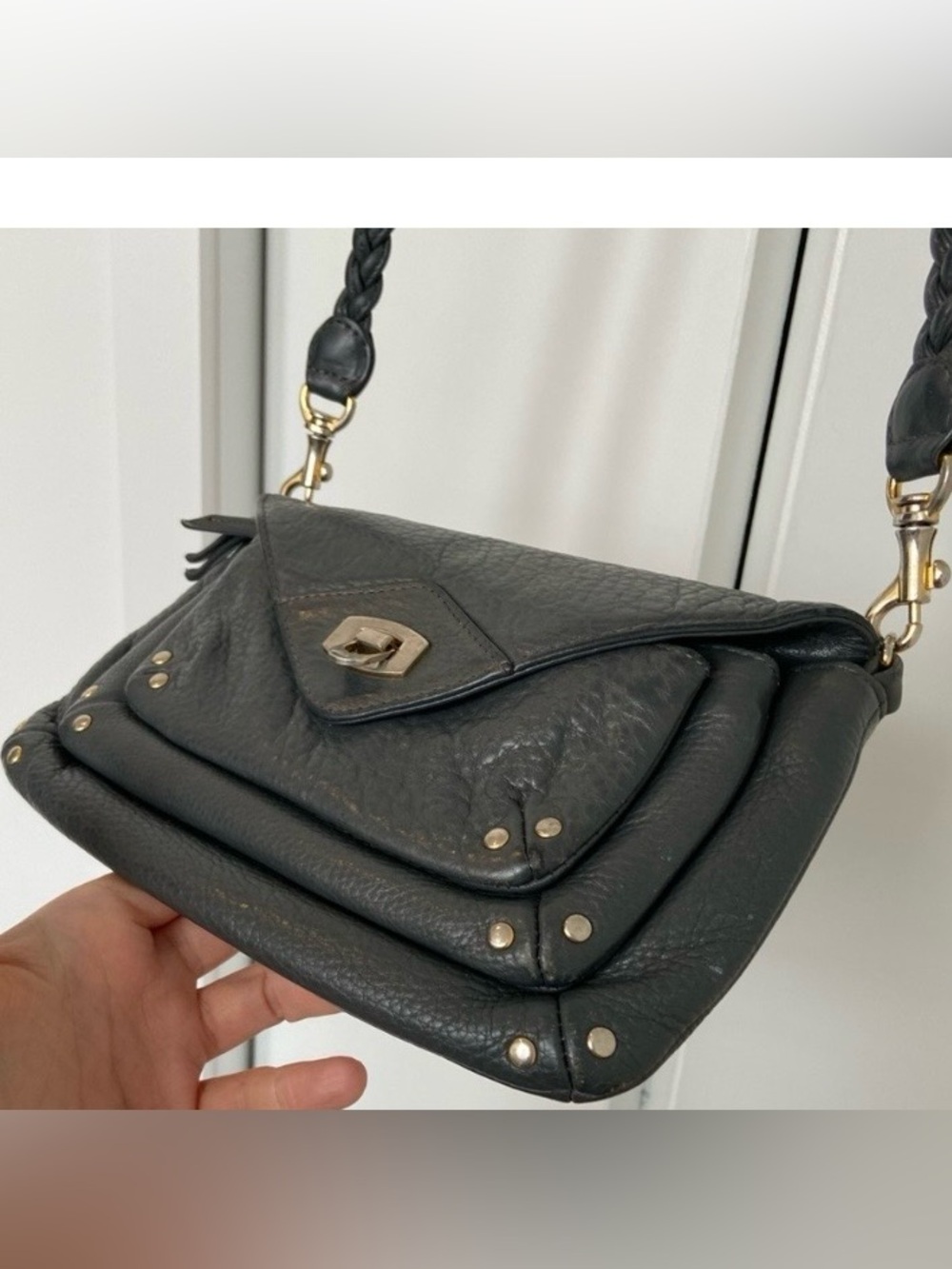 🍁Okuta Leather Purse Oragami 3 pocket braided strap 9.5”x6” Shopbop Grey - Solid